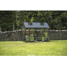 Serre avec verre et cadre métallique dans le jardin