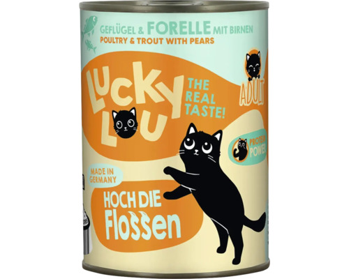 Aliments en conserve pour chats adultes Lucky Lou, volaille, truite et poires