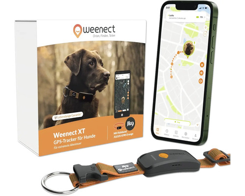 Weenect Traceur GPS pour chiens avec emballage, vue smartphone et collier