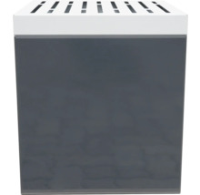 Grauer Abfallbehälter mit weißem Deckel und Schlitzöffnungen