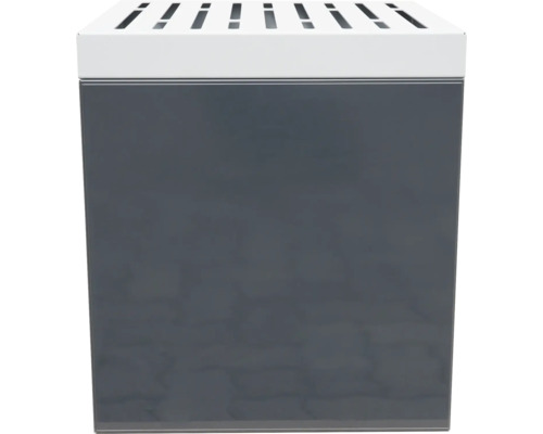 Grauer Abfallbehälter mit weißem Deckel und Schlitzöffnungen