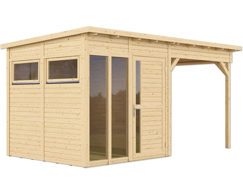 Abri de jardin en bois avec fenêtres, porte et terrasse couverte