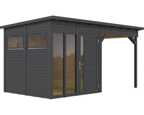 Abri de jardin en bois avec fenêtres, porte et annexe