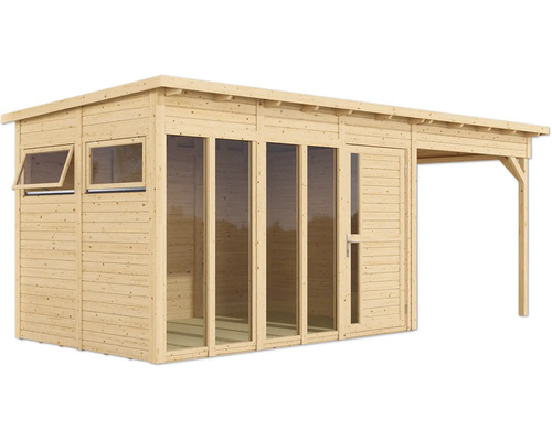 Abri de jardin en bois avec fenêtres, porte et annexe