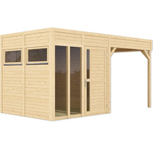 Abri de jardin en bois avec fenêtres, porte et annexe