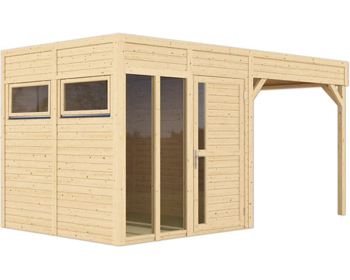 Abri de jardin en bois avec fenêtres, porte et annexe