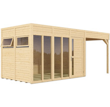 Abri de jardin en bois avec fenêtres, porte et petit auvent