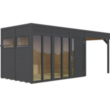 Abri de jardin moderne avec annexe, fenêtres et porte