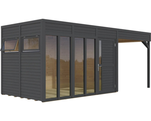Abri de jardin moderne avec annexe, fenêtres et porte