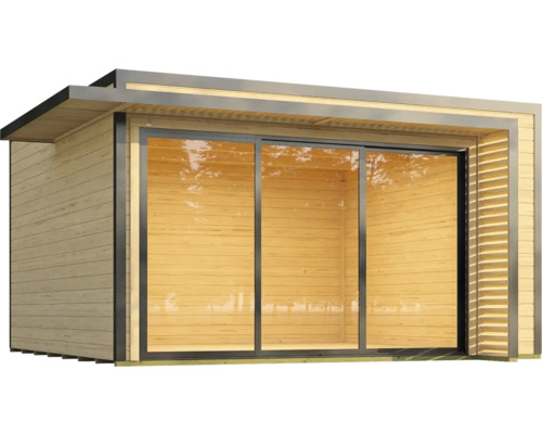 Abri de jardin moderne avec porte coulissante et revêtement en bois