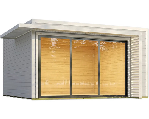 Abri de jardin moderne avec porte coulissante et revêtement en bois