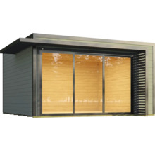 Abri de jardin moderne avec porte coulissante et bardage en bois