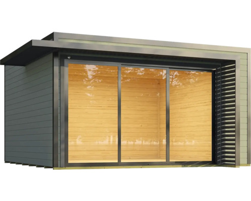 Abri de jardin moderne avec porte coulissante et bardage en bois