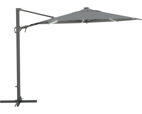 LED Ampelschirm SOLUNA Chambéry Sonnenschirm Ø 300 cm grau mit UV-Schutz 80, wetterfeste Polyesterbespannung, leichte Aufspannung per Kurbel, Dreh und Neigfunktion, LED-Beleuchtung integriert Freiarm-Sonnenschirm für den Garten oder die Terrasse