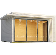 Abri de jardin moderne avec grandes portes coulissantes en verre et revêtement en bois