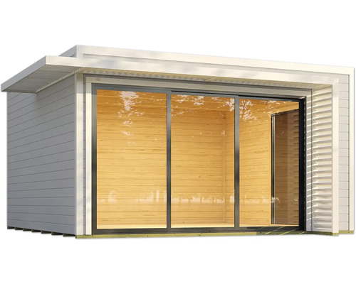 Abri de jardin moderne avec grandes portes coulissantes en verre et revêtement en bois