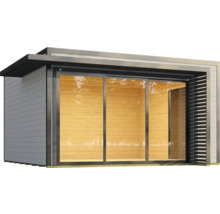 Abri de jardin moderne avec porte coulissante et revêtement en bois