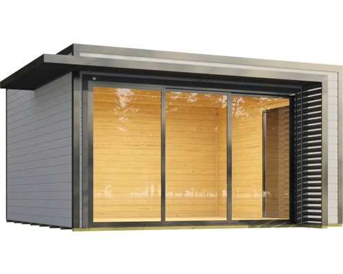 Abri de jardin moderne avec porte coulissante et revêtement en bois