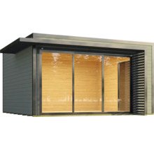 Abri de jardin avec porte coulissante et revêtement en bois