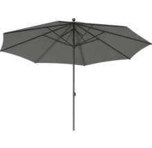 Grauer Sonnenschirm mit Schirmständer für den Garten