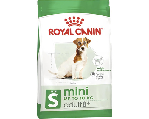 Aliment sec pour chiens Royal Canin Mini Adult 8+, adapté aux petits chiens jusqu'à 10 kilogrammes pour le maintien du poids et le soutien de la vitalité