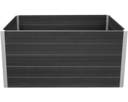 Hochbeet aus Holz mit silberfarbenen Elementen