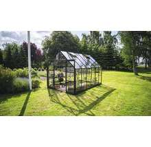 Serre en verre avec cadre en acier dans le jardin.