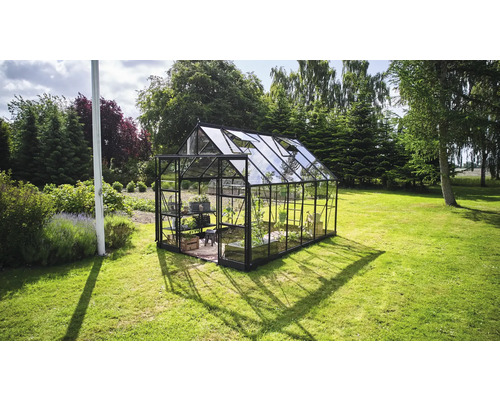 Serre en verre avec cadre en acier dans le jardin.