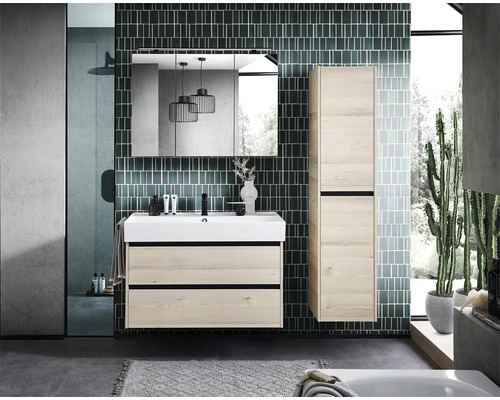 Salle de bain lumineuse avec meuble-lavabo, armoire de toilette et armoire haute