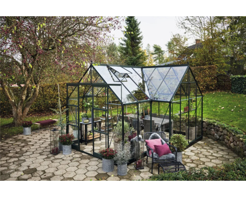 Serre avec plantes et meubles dans le jardin.