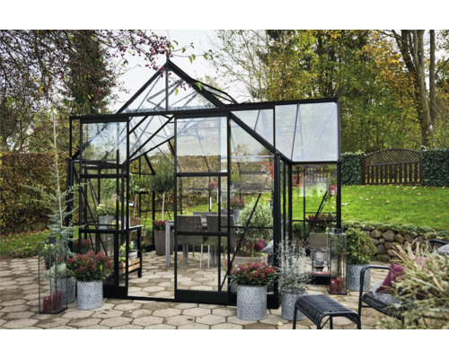 Serre avec murs en verre et plantes dans le jardin.