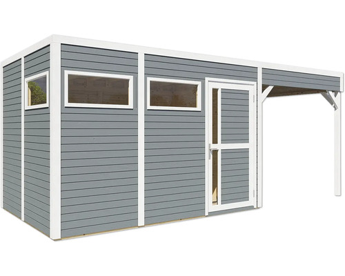 Abri de jardin en bois avec fenêtres et auvent