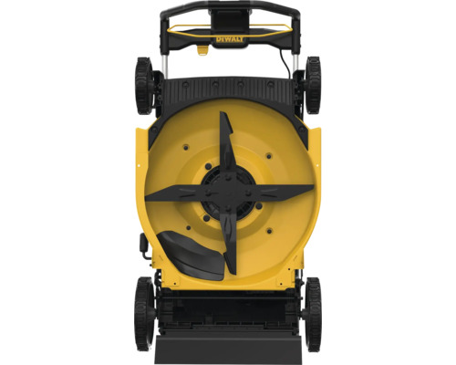 Unterseite eines Rasenmähers der Marke DeWalt