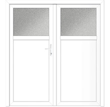 Weiße Doppeltür mit Glasausschnitt und Türgriff