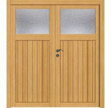 Holztor mit zwei Türen und strukturiertem Glas