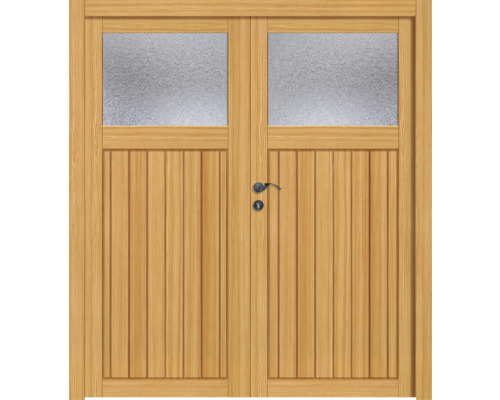Holztor mit zwei Türen und strukturiertem Glas