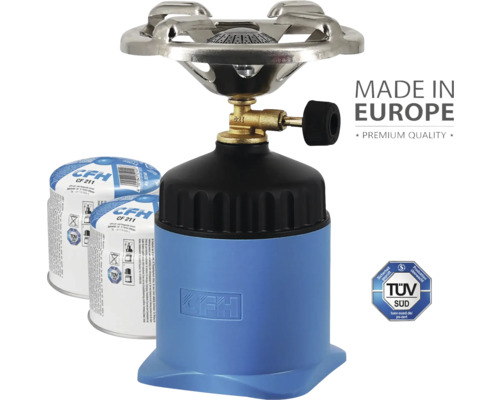 Réchaud à gaz CFH avec cartouches de gaz et le label TÜV Süd
