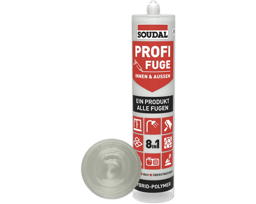 Matériau d'étanchéité et joint Soudal Profi Fuge 8en1 gris clair 280 ml Cartouche de mastic polymère hybride Soudal Profi Fuge avec exemple d'étanchéité de joint
