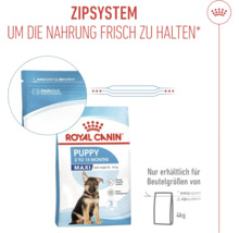 Aliment pour chiots Royal Canin Puppy Maxi avec système de fermeture éclair pour garder les aliments frais. Disponible uniquement pour les sacs de 4 kilogrammes.