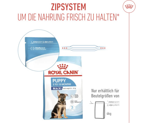Aliment pour chiots Royal Canin Puppy Maxi avec système de fermeture éclair pour garder les aliments frais. Disponible uniquement pour les sacs de 4 kilogrammes.