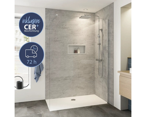 Douche à l'italienne avec caniveau de douche, robinetterie de douche et compartiment de rangement