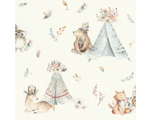 Papier peint avec ours, renards, hiboux, cerfs et tipis
