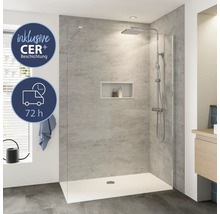 Douche à l'italienne avec pomme de douche, robinet et compartiment de rangement dans une salle de bain moderne