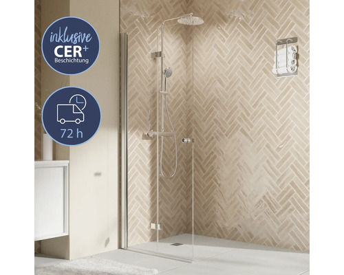 Douche à l'italienne avec porte à vantaux pliants BREUER Elana 2.0 Express Q72 profilé rond 100 x 200 cm profilé argent mat verre transparent revêtement du verre résistant à la saleté tirant gauche poignée tampon Cabine de douche avec robinetterie de douche et revêtement CER Plus, délai de livraison 72 heures