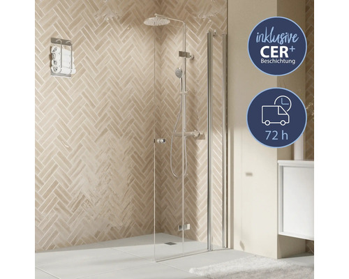 Walk In mit Drehfalttür BREUER Elana 2.0 Express Q72 Profil rund 120 x 200 cm Profil silber matt Klarglas schmutzabweisende Glasbeschichtung Türanschlag rechts Puffergriff Duschkabine mit Brausegarnitur und CER+ Beschichtung inklusive, Lieferzeit 72 Stunden.