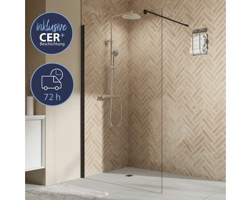 Douche à l'italienne BREUER Elana 2.0 Q72 100 cm couleur du profilé noir décor de vitre verre transparent avec verre antitache Paroi de douche avec porte-serviettes et robinetterie de douche