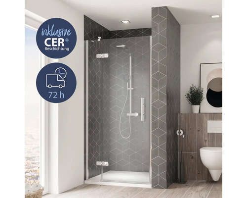 Cabine de douche avec revêtement CER Plus et délai de livraison de 72 heures dans une salle de bain.