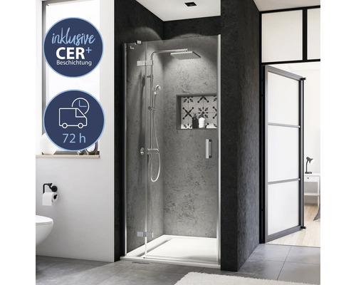 Porte pivotante en niche BREUER Panorama Express Q72 tirant gauche verre transparent couleur de profilé chrome Cabine de douche moderne avec verre véritable et revêtement CER plus dans la salle de bain