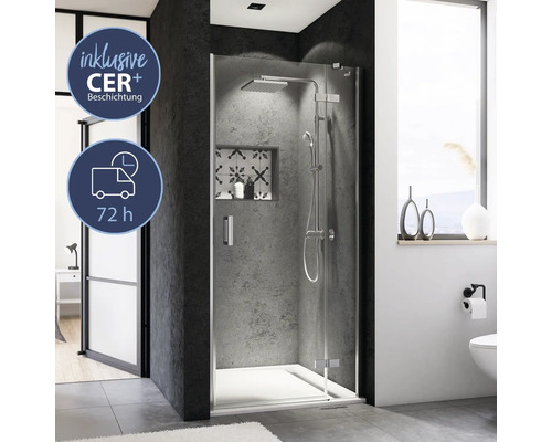 Cabine de douche avec pomme de douche et douchette à main dans une salle de bain moderne