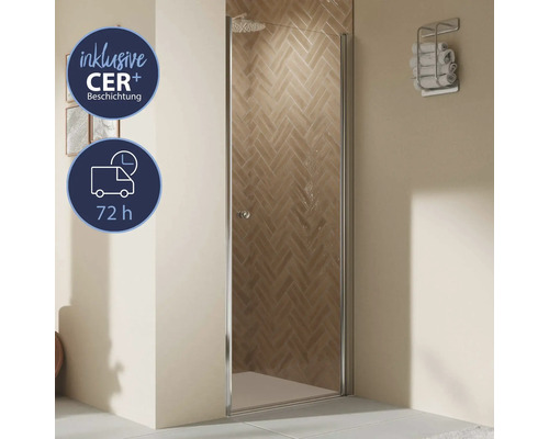 Porte de douche dans une niche avec porte pivotante BREUER Elana 2.0 Express Q72 90 x 200 cm profilé argent verre transparent revêtement en verre résistant à la saleté tirant droite Paroi de douche avec revêtement CER Plus et délai de livraison de 72 heures